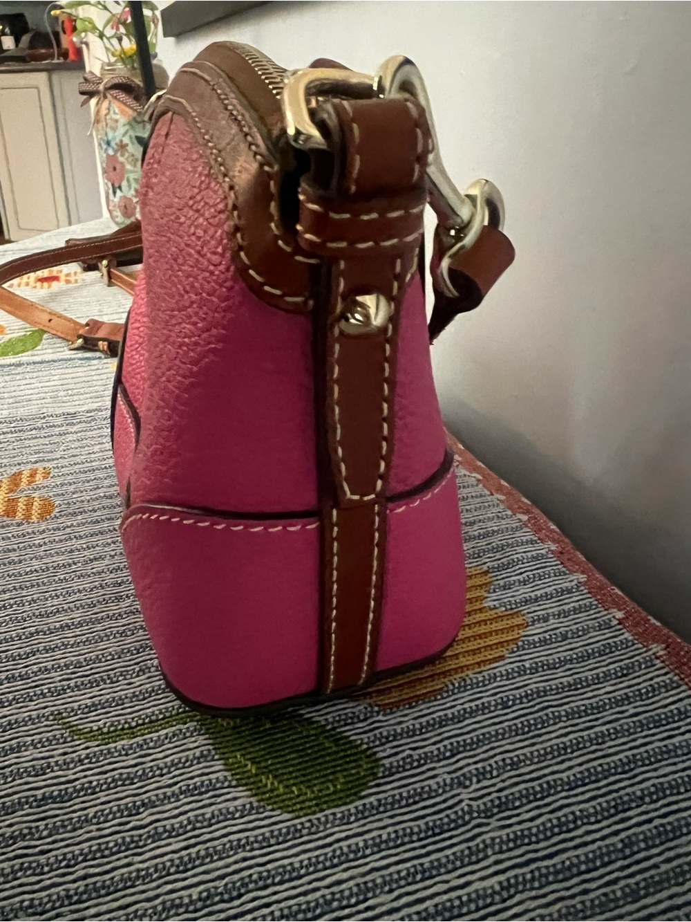 Dooney & Bourke Hot Pink Pebble Leather Domed Crossbody with Brown Trim - Picture 7 of 11